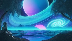 Retrowave synthwave beach shore with ocean, astronaut, planet, and galaxy - 3D loop animation - Powered by Shutterstock - Get 15% off with code: PIKWIZARD15
