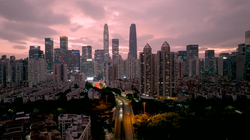 drone aerial view of the shenzhen city at night