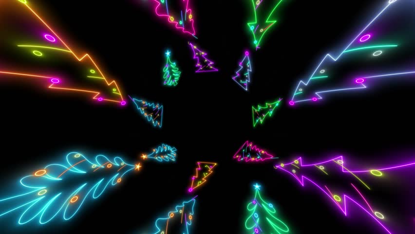 glowing neons in stylized christmas trees animation. Radial tunnel video effect with rotation decoration