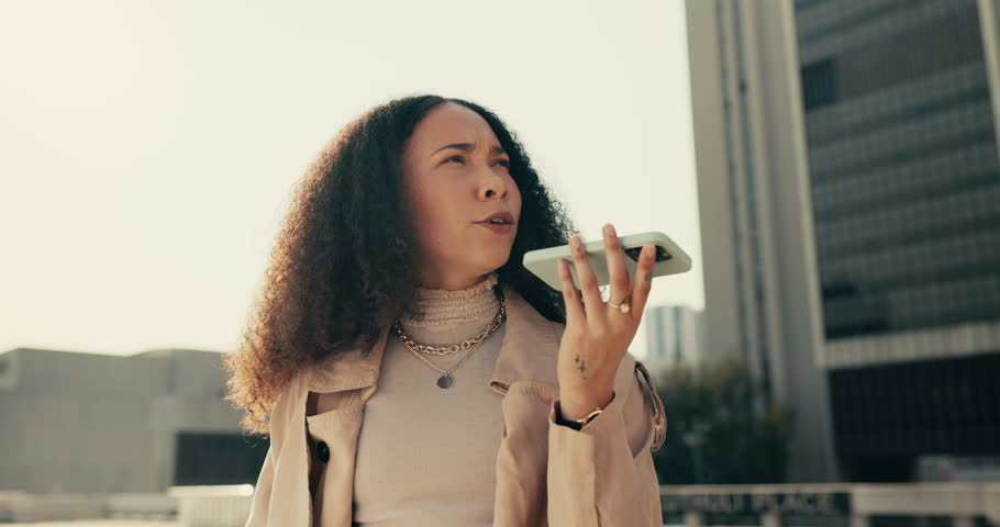 Phone call, loudspeaker and young businesswoman in the city for company travel or work trip. Technology, communication and professional female person from Mexico on mobile conversation in urban town. | Shutterstock HD Video #1108991635