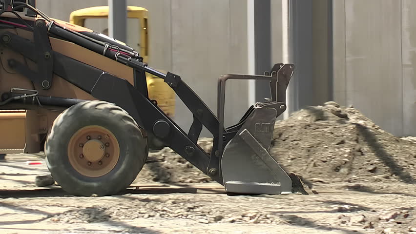 Backhoe collecting dirt in a warehouse in construction