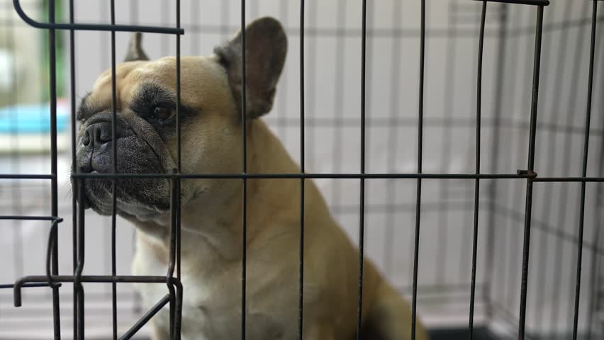 Sad face expression dog in dog cage. Royalty-Free Stock Footage #1108995753