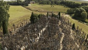 Hill of Crosses is a site of pilgrimage  in northern Lithuania. Drone video shot.
