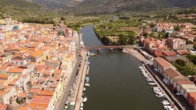 Bosa village in Sardinia, Aerial view of houses and river Temo, day