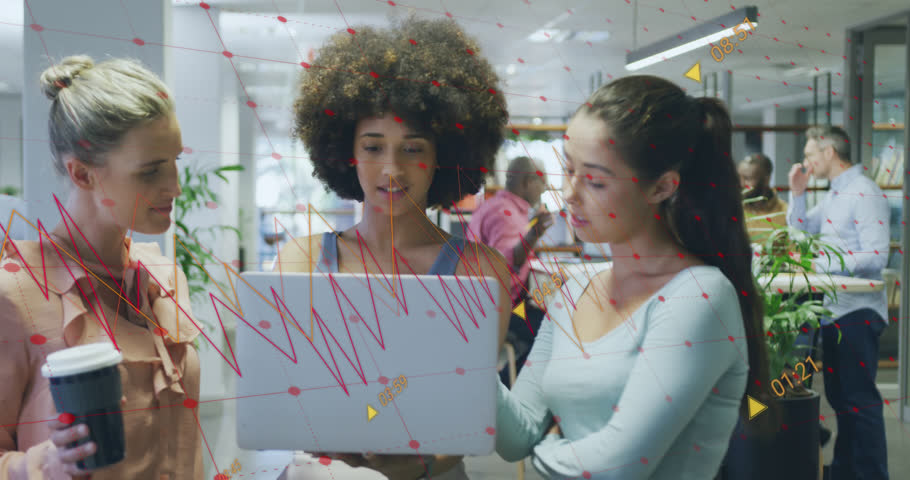 Animation of multiple graphs with changing numbers, diverse female coworkers discussing reports. Digital composite, multiple exposure, office, business, growth, teamwork and technology concept.