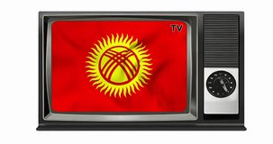 Waving flag of Kyrgyzstan on the screen of an old TV set, isolated in white background. 3d animation in 4k resolution video.