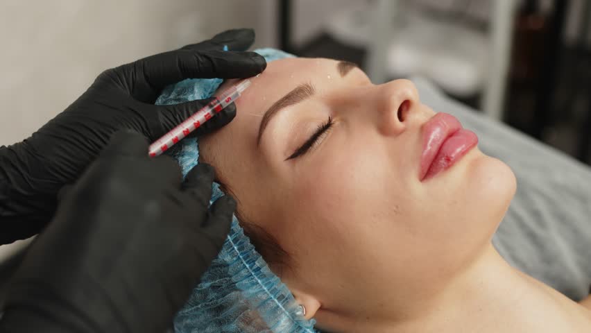 Face woman getting beauty injection in cosmetic clinic. Close up cosmetologist doing botox injection in forehead to patient in beauty clinic. Rejuvenation, injectable cosmetology and medicine concept Royalty-Free Stock Footage #1109001301