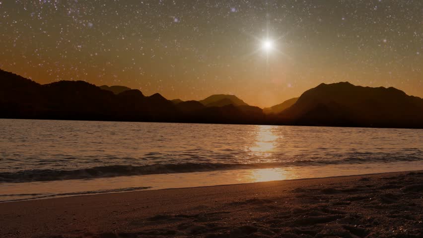 A star shines in the night sky over the sea on the holiday of Christmas | Shutterstock HD Video #1109001955