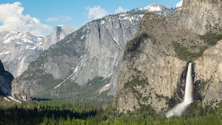 Time Lapse of the the clouds moving over the amazing landscape of Yosemite Valley in Yosemite National Park in California.