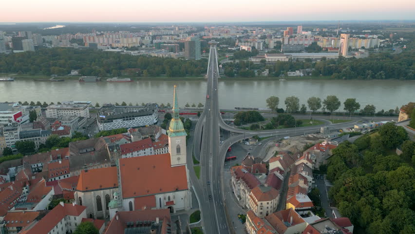 Bratislava old town view castle and city church in city centre. bratislavy skyline aerial view drone footage of bratislava slovakia city.