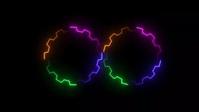  Glowing neon spinning gears animation on black background. Spinning cogwheels video. Mechanism in motion.

