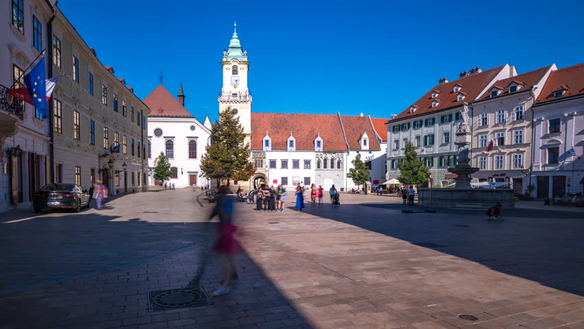 Bratislava old town view time lapse hyperlapse, bratislava slovakia main square in old town.
