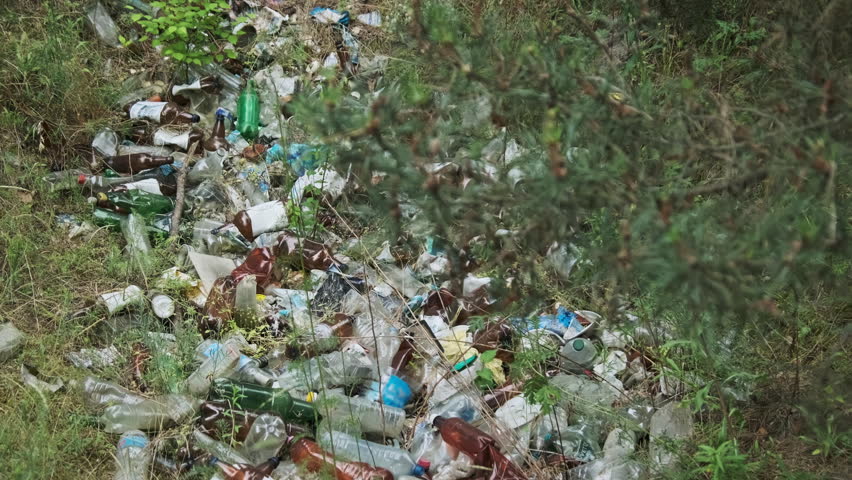 Garbage dump of plastic and bottles in the forest. Pile of synthetic waste in nature, environment problems. Illegal rubbish dump on the ground. Lot of trash throwed in forest pit. Ecological disaster | Shutterstock HD Video #1109007521