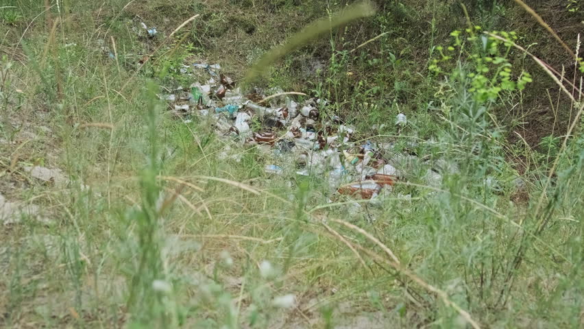 Illegal garbage dump of plastic and bottles in the forest pit. Pile of synthetic waste in nature. Lot of different trash in the woods. Rubbish thrown away on the ground by people. Ecological disaster | Shutterstock HD Video #1109007523