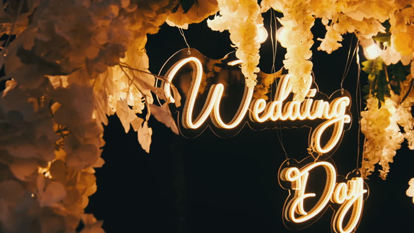 Neon inscription of Wedding Day at the ceremony. The wedding arch is decorated with fresh white flowers and illuminated by light bulbs at night. Photo zone. Smooth camera movement 4K. Royalty-Free Stock Footage #1109007561