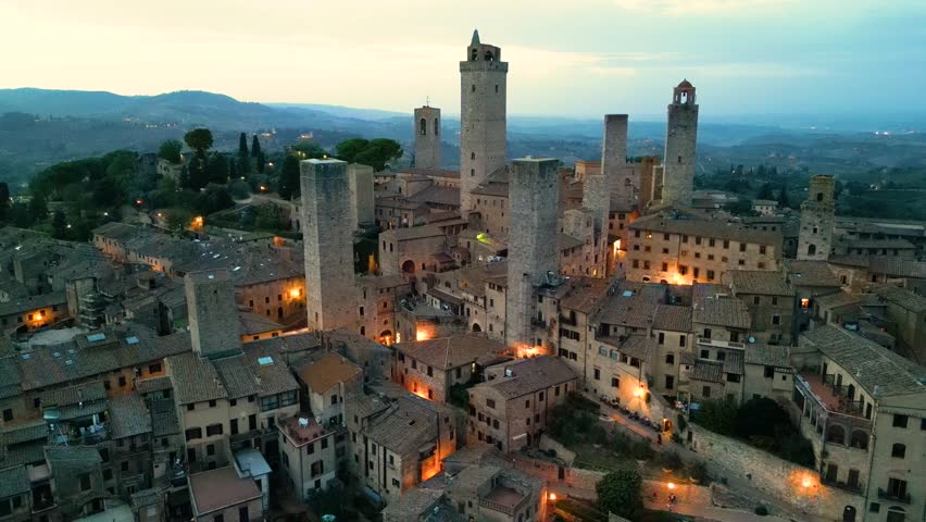 Aerial view of San Gimignano in Tuscany, Italy. UNESCO World Heritage Site