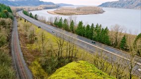 Highway Harmony: Columbia River Gorge with Mountain Views and Freeway Traffic in 4K Video