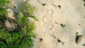 Vertical video. Top view of the year 2023 written on the white sand on a tropical beach surrounded by young coconut palms.