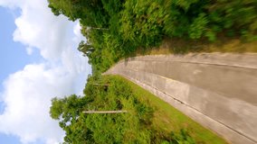 Vertical video. FPV drone flight over a tropical road on a sunny day.