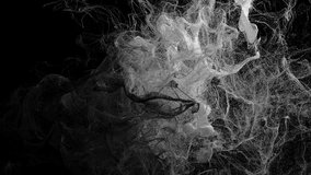 3d render video animation of surreal black and white smoke clouds dust powder substance in curve wavy lines forms based on small balls particles in the dark on black background