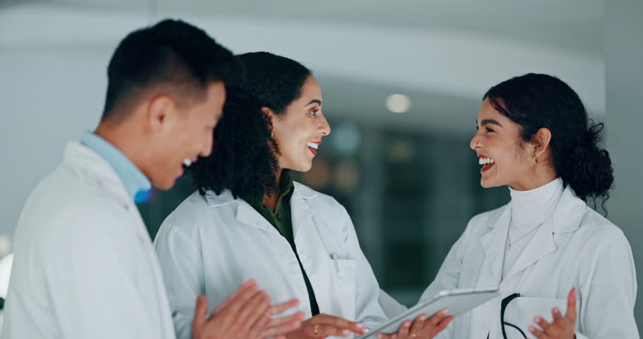 Science, success and high five on tablet for teamwork, research results or medical goals in night laboratory. Scientist people, students or doctors on digital tech in wow, well done or hands together