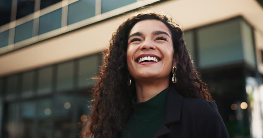 City, thinking and face of woman with a smile, funny and opportunity with wonder, solution and laughing. Person, outdoor or girl with ideas, thoughts or humor with joke, urban town and happiness