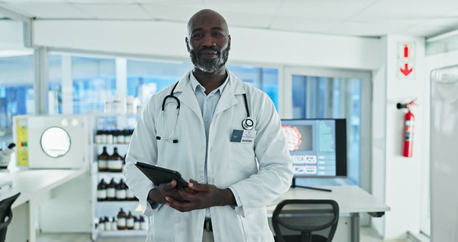 Tablet, face or happy scientist in laboratory for chemistry research report or test results feedback. Medical analysis, proud black man or science update for online medicine development news on tech