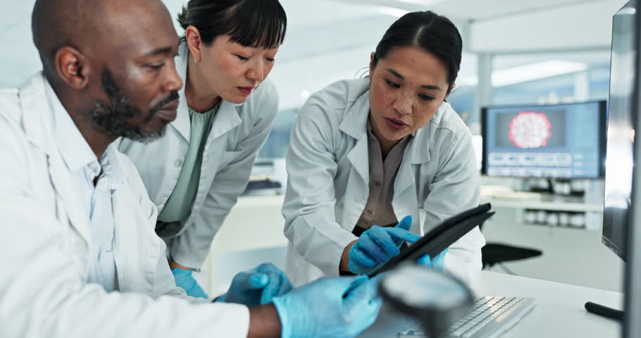 Teamwork, computer or scientists talking in lab for chemistry research report or medical info feedback. Diversity women, tablet or black man doctor speaking of online results for medicine web update Royalty-Free Stock Footage #1109020787