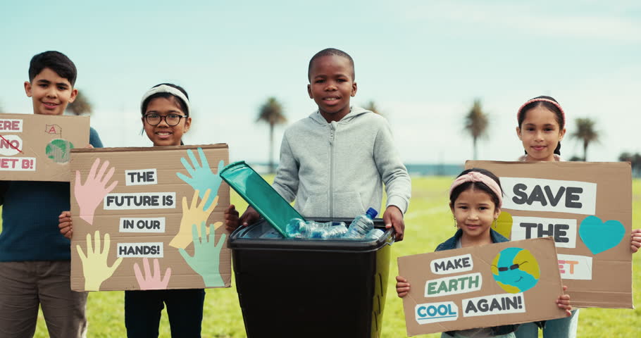 Children, face and charity poster for eco friendly, sustainability and saving planet sign. Outdoor, kids and volunteer for climate change and environment on earth day with support banner with rally