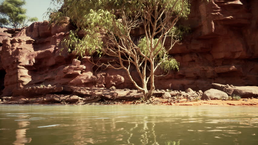 landscape with red sandstone rock and river Royalty-Free Stock Footage #1109022663
