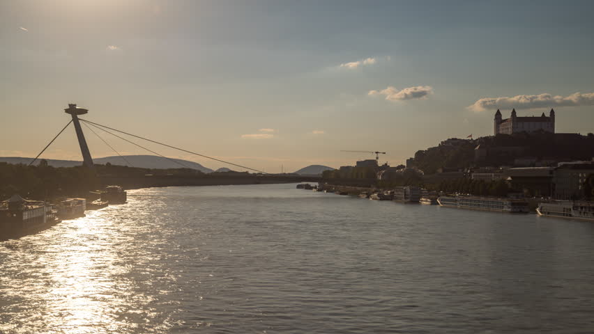 Bratislava slovakia city skyline aerial viewtime lapse view form bridge, bratislava castle view lake and old town.