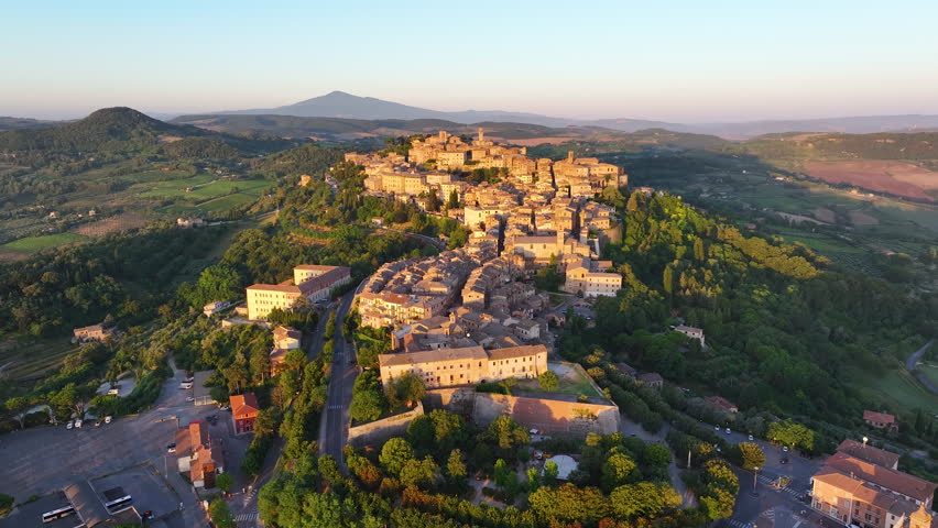 Tuscany, sunrise aerial view of the medieval town of Montepulciano, in the province of Siena, Italy Royalty-Free Stock Footage #1109028921