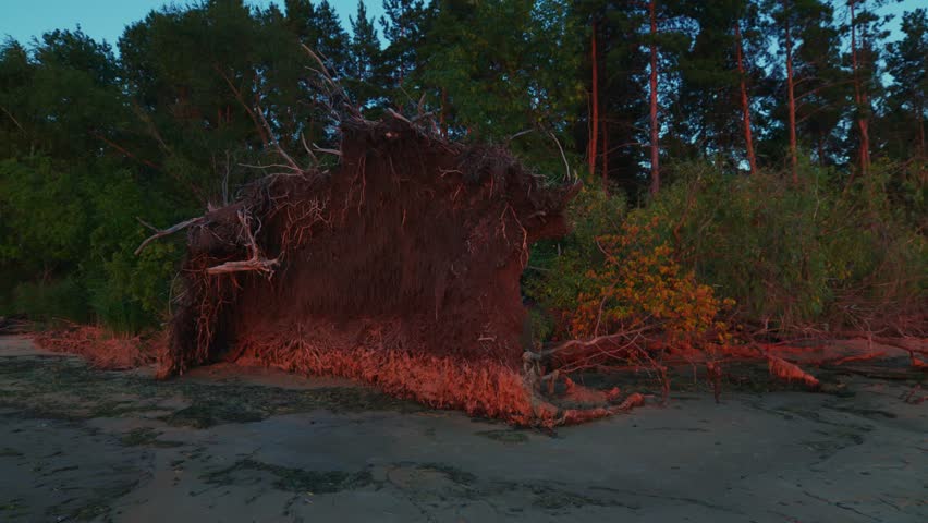 A tree uprooted by a hurricane lies on the shore