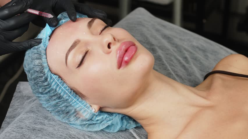 Face woman getting beauty injection in cosmetic clinic. Close up cosmetologist doing botox injection in forehead to patient in beauty clinic. Rejuvenation, injectable cosmetology and medicine concept Royalty-Free Stock Footage #1109035239