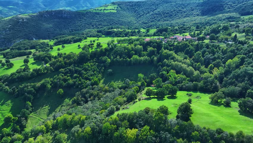 Countryside landscape in San Pedro in the Sierra de Hornijo. Pico La Mortera, Peña San Vicente and Peña El Moro. Cantabria, Spain, Europe