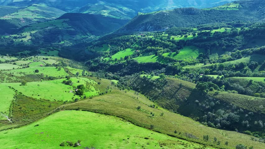 Countryside landscape in San Pedro in the Sierra de Hornijo. Pico La Mortera, Peña San Vicente and Peña El Moro. Cantabria, Spain, Europe