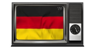Waving flag of Germany on the screen of an old TV set, isolated in white background. 3d animation in 4k resolution video.