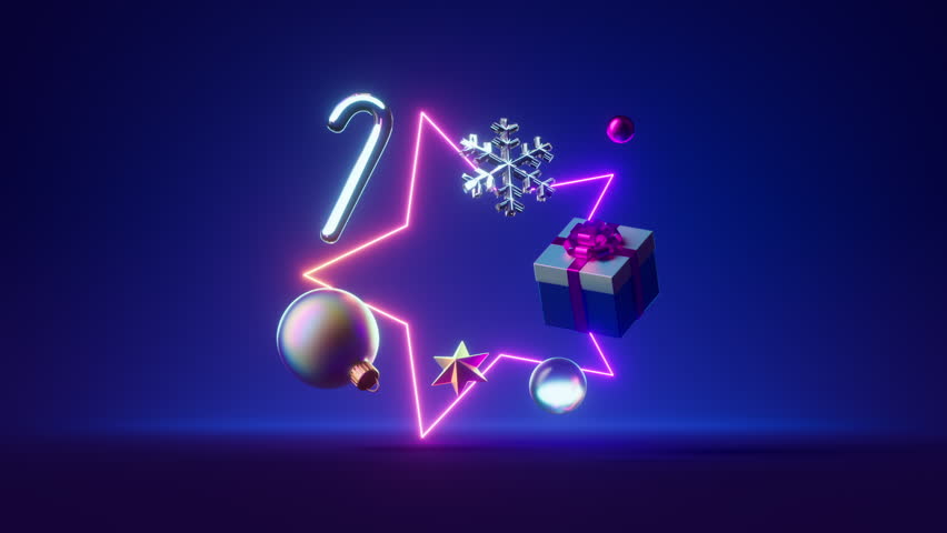 looping 3d animation, abstract festive background. Neon frame in the shape of a star and Christmas ornaments levitate and rotate endlessly. Holiday animated greeting card