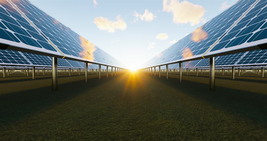 3d rendering of solar farm, field or solar power plant consist of photovoltaic cell in panel, landscape, technology. Industry for electric, electricity generation. Clean green power energy from nature | Shutterstock HD Video #1109055431