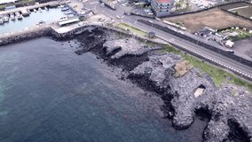 Drone video of the rocky coast of Jeju Island, South Korea