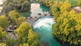 Aerial drone view of Manavgat waterfall in autumn. Antalya Turkey. Manavgat waterfall is located in the north of Manavgat in Turkey, near the city of Side.