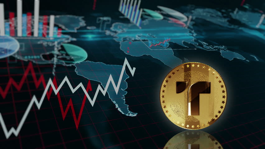TrueUSD stablecoin TUSD cryptocurrency golden coin turning over the chart. Price trend graph with growing and falling line. Online payment and transaction 3d abstract concept. Loopable and seamless. | Shutterstock HD Video #1109070123