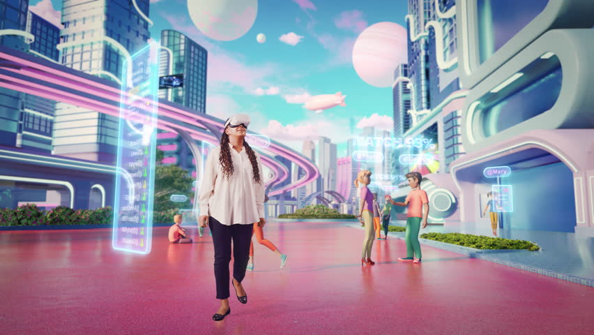 Portrait of a Creative Black Female Wearing a Virtual Reality Headset in a Digital Studio. Space is Transformed Into a 3D Digital VR World with Online Users Playing a Social Network Game