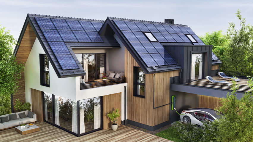 Charging an electric car at home with solar panels. Modern house with solar panels. 3D rendering Royalty-Free Stock Footage #1109074019
