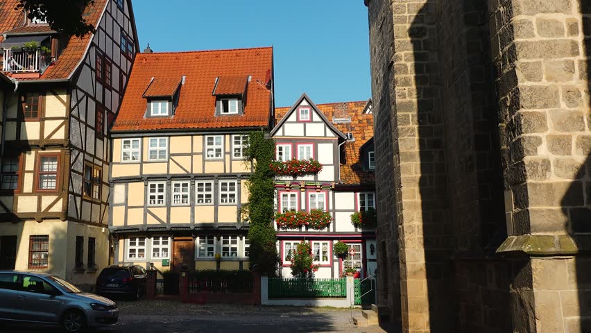 Residential buildings of the old city in Europe. Traditional architecture half-timbered houses. Old German small tourist town. Medieval city. Travel.