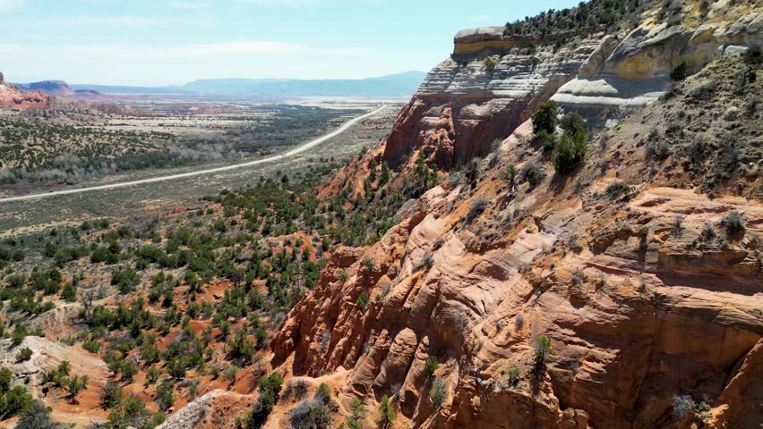New Mexico Landscape Aerial with Views of dramatic cliffs, mountains, and mesas. Top Cinematic aerial view. Drone 4K footage. Traveling around USA. 
