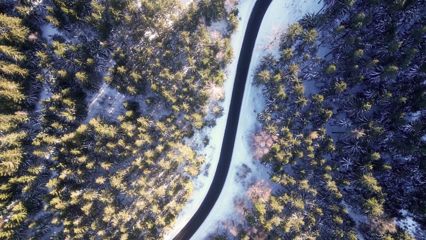 Twisted road in winter forest. Asphalt road serpentine and snowy landcape around. Aerial 4K footage from drone flight
