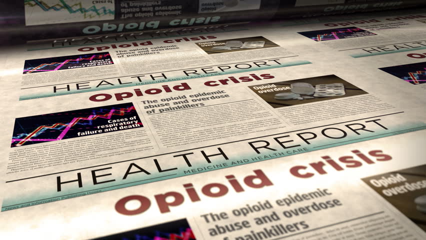 Opioid crisis painkiller abuse and opiates overdose problem daily news newspaper roll printing. Abstract concept retro headlines 3d seamless looped. | Shutterstock HD Video #1109082265