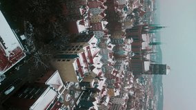 Vertical Video. Aerial view of the Antique Town Gdansk in Winter. Beautiful Architecture in the city. Breathtaking View from the drone in Gdansk, Poland