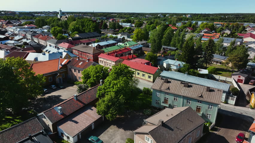 Aerial overview of the historic old town of Rauma city, summer day in Finland